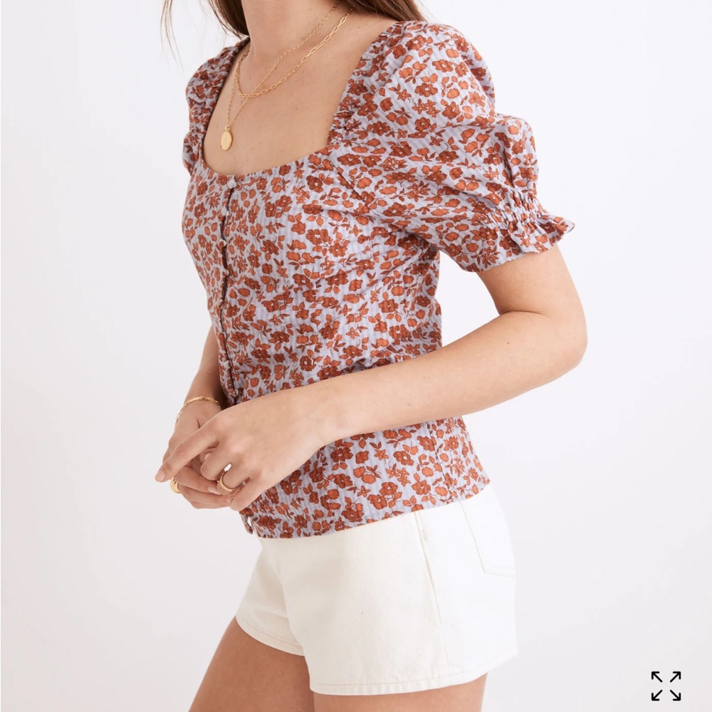 Madewell Floral Puff Sleeve Blouse - Rust and White